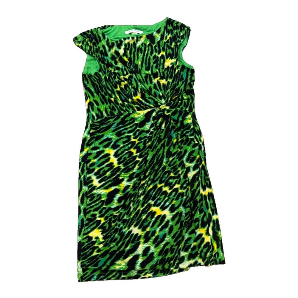 Peter Nygard Dress Size 14 Green Leopard Animal Print Twist Front Stretch
